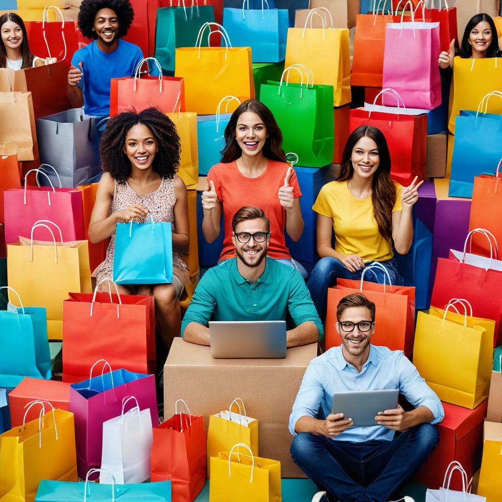 A vibrant e-commerce scene showcasing a diverse group of happy customers shopping online on various devices, surrounded by colorful shopping bags and cheerful delivery boxes. Highlight bright, engaging elements like thumbs up icons and smiling emojis to represent satisfaction. The background features a modern, bustling retail environment with digital screens displaying sales and offers. super-realistic. vibrant colors.