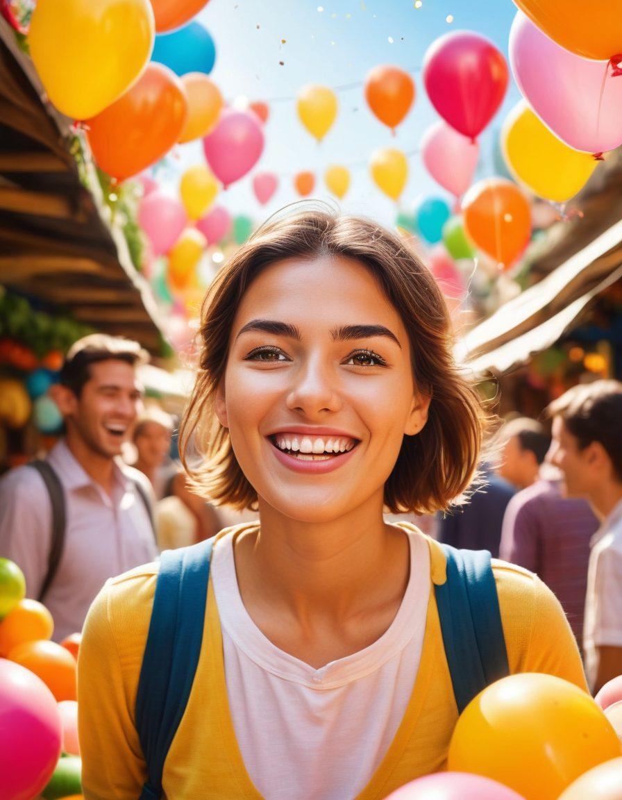 A vibrant visual journey depicting a shopper thoughtfully selecting products in a colorful market, followed by a smiling customer service representative assisting a delighted customer. The background shows elements of happiness like balloons and confetti, symbolizing joyful consumer experiences. Integrate warm colors to evoke a sense of positivity. cartoon style. bright colors.