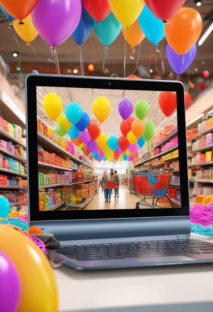 A vibrant e-commerce scene showcasing a diverse group of happy shoppers joyfully exploring a digital marketplace. Include colorful shopping carts filled with various products, smiling faces, and festive decorations to evoke a cheerful atmosphere. The background should feature a stylized computer screen displaying a user-friendly website filled with engaging products. super-realistic. vibrant colors. 3D.